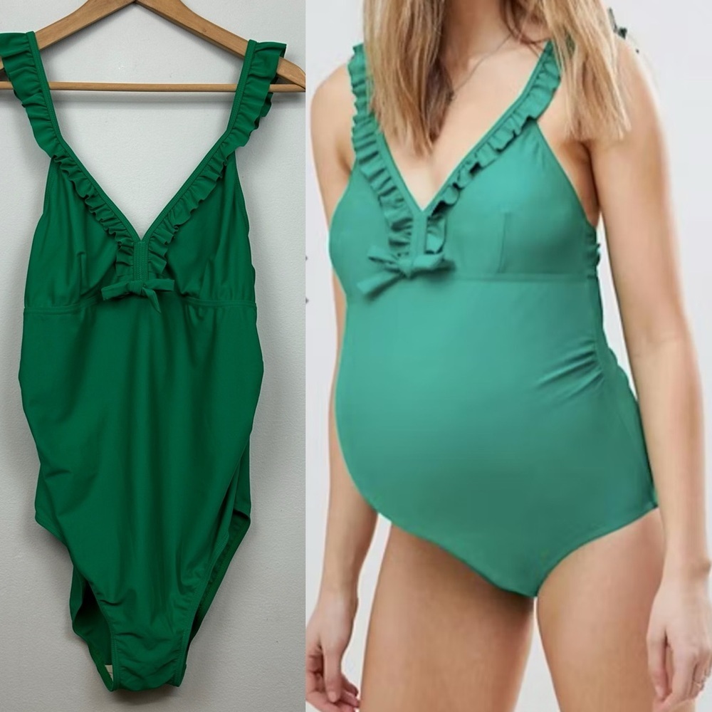 Kelly Green Maternity Ruffle Detail One Piece Swimsuit Sz L